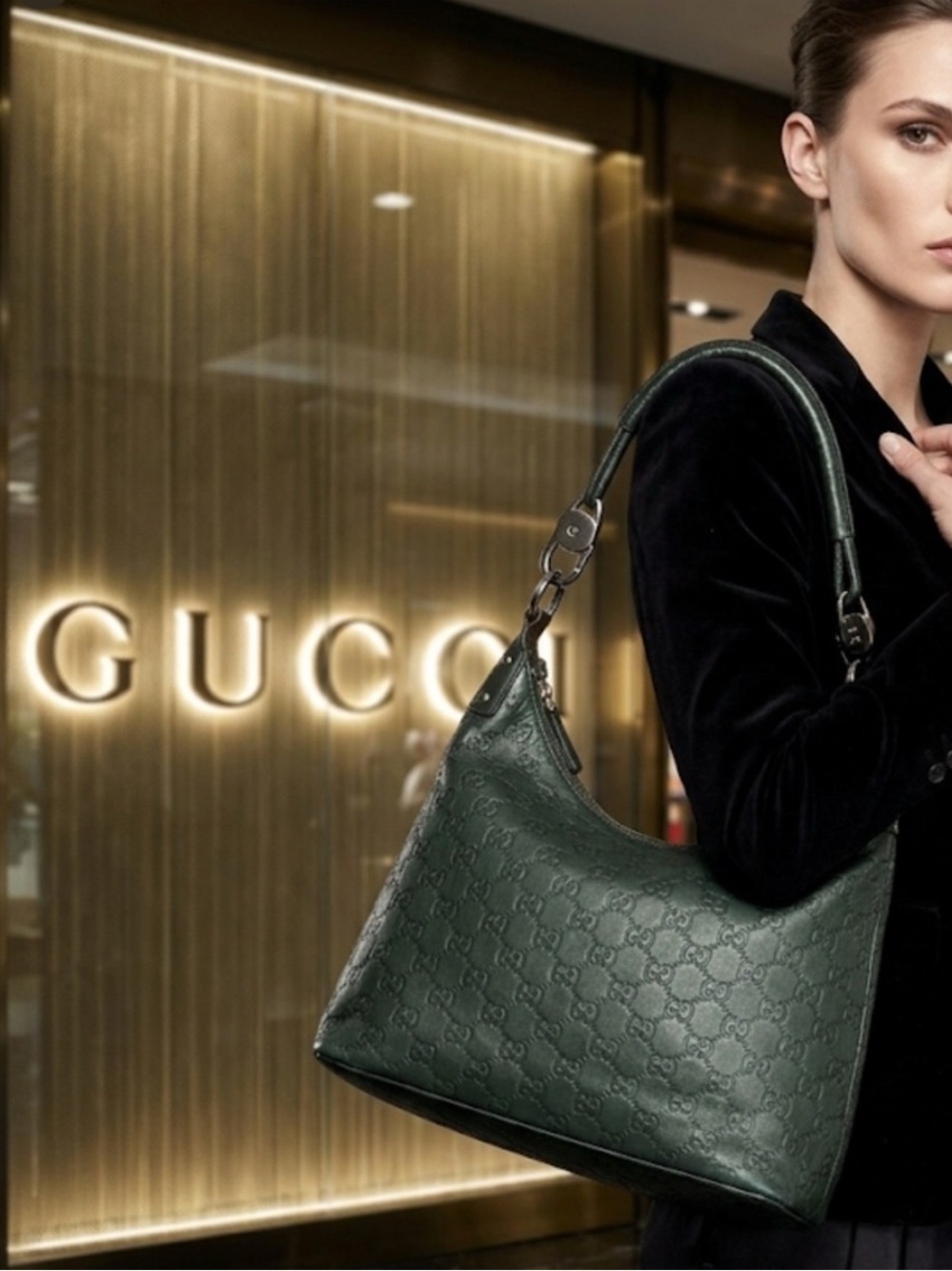 Authentic Gucci luxury designer signature GG embossed leather handbag purse